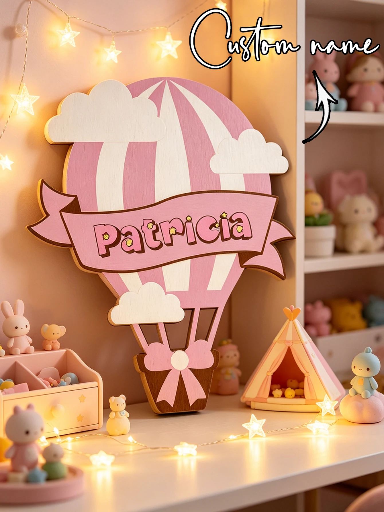 Custom Pink Hot Air Balloon Wooden Name Sign Personalized 3D Letter Plaque Girls Pastel Nursery Wall Decor Newborn Baby Shower T