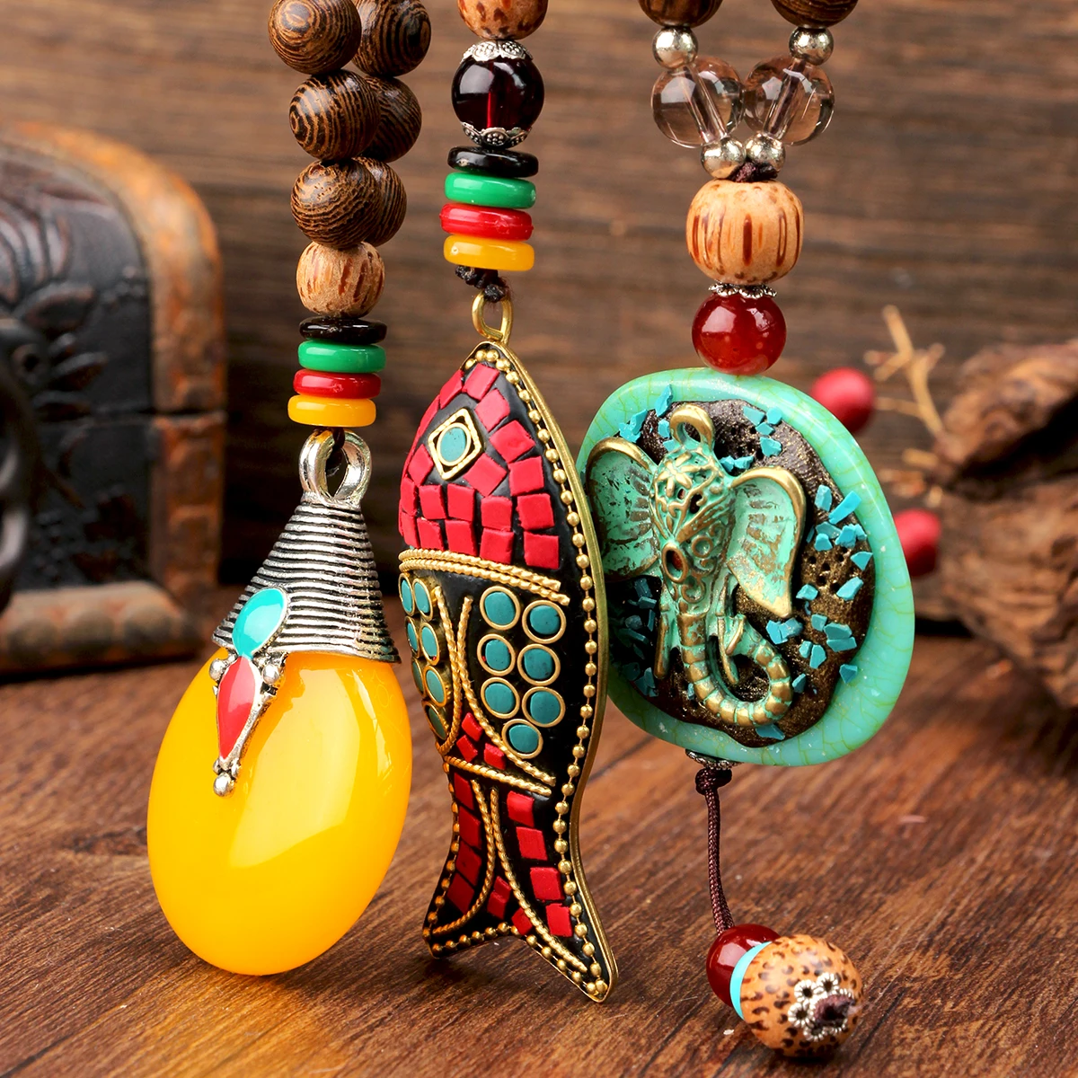 Yumfeel Handmade เนปาลสร้อยคอพุทธ Mala ลูกปัดไม้จี้และสร้อยคอฮอร์นปลายาวสร้อยคอประดับผู้หญิงผู้ชาย