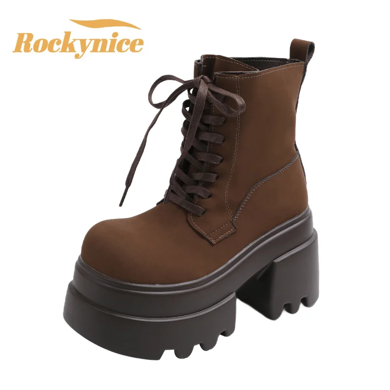 

Женские мотоциклетные ботинки, модные осенне-зимние кожаные кроссовки на массивном каблуке, ботинки в стиле панк, ботинки до середины икры на высокой платформе 10,5 см