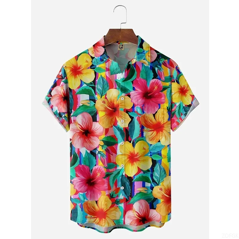 

Floral Shirts Men's Hawaii Holiday Party Blouse Cuba Style Lapel Beach Shirt Flower Camisas Short-sleeved Womens Clothes