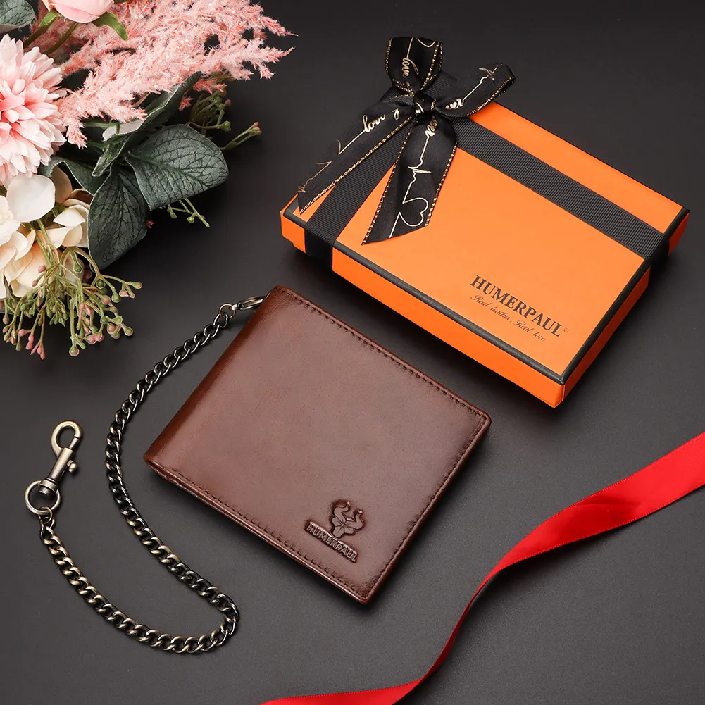 HUMERPAUL Genuine Leather Men Wallet Business Short Purse RFID Protect Credit Card Holder Clutch for Women with Anti-theft Chain