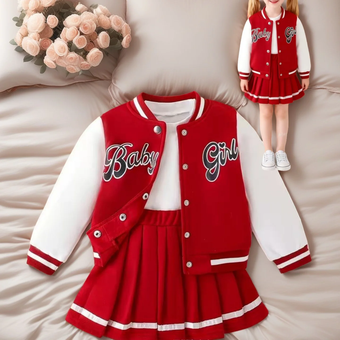 

Korea Style Girls Clothes 2pcs Print Baseball Jacket + Pleated Skirt Set School Uniform Outfits for Teens and Kids For Sport