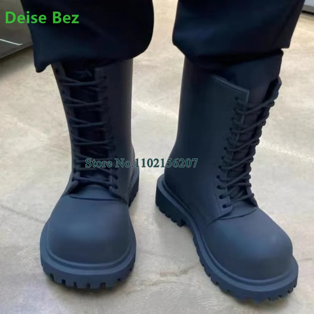 Botas negras de punta redonda grande para mujeres y hombres, Botines altos planos, sólidos, hechos a mano, zapatos casuales que combinan con todo,