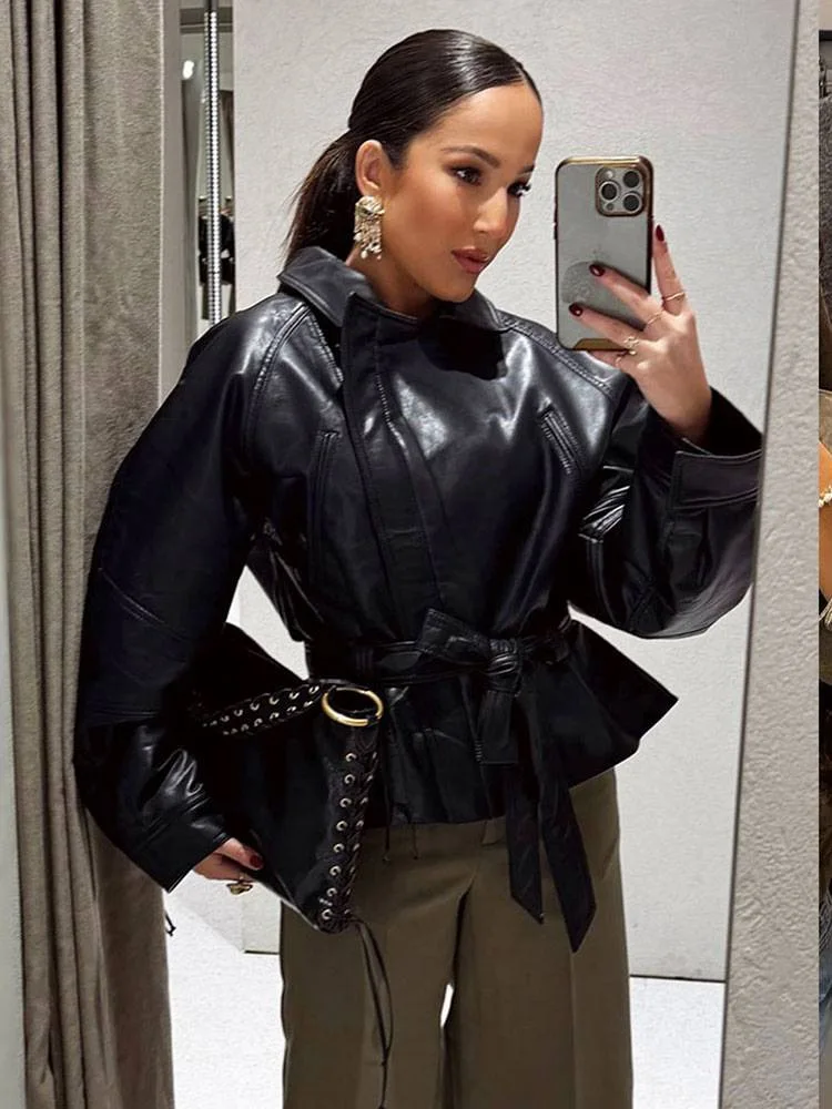 女性ファッション黒ショートフェイクレザートレンチコート長袖ラペルジャケットベルト付きヴィンテージレディースオートバイジャケットアウター