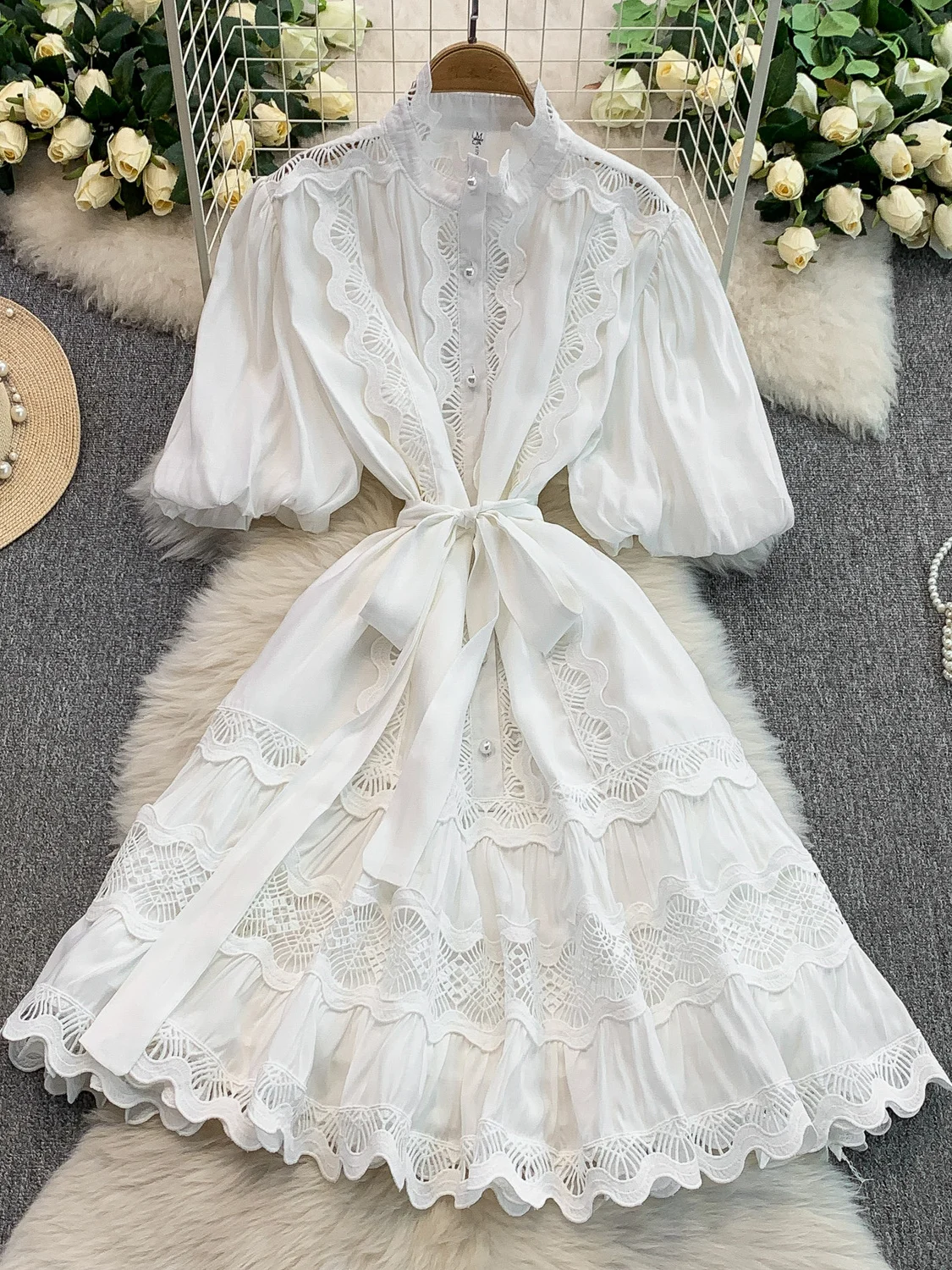 

Retro Lace Splicing Stand Collar Dr Women's Summer Single Button Waist Cinching Gored Skirt Korean Sle Commute Dr