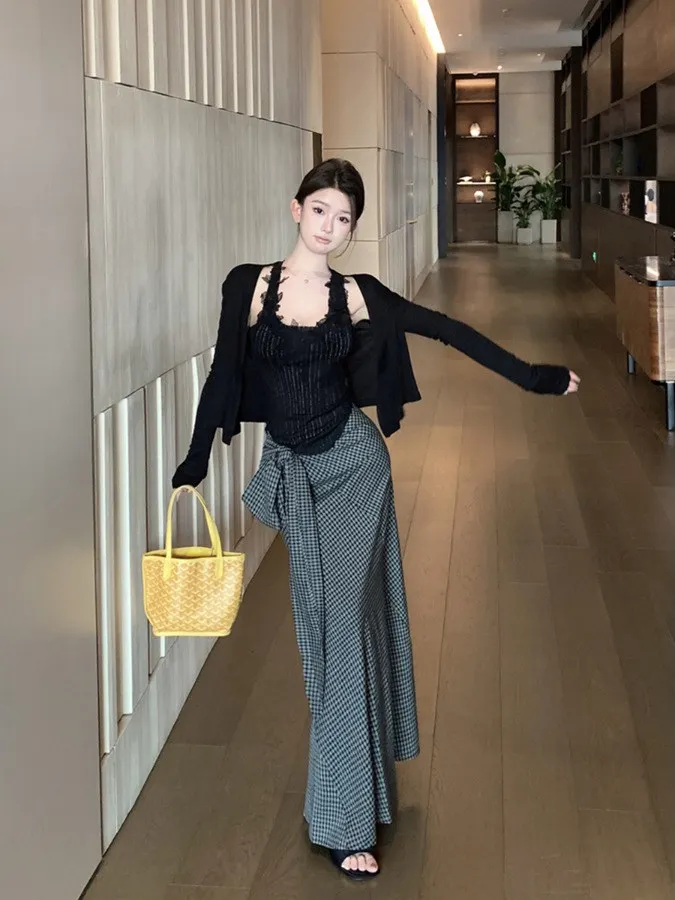 Retro Sexy Lace Halter Neck Vest And Plaid  Dress Women's Summer Outfit Three-Piece Set Long Sleeve Fashionable Versatile