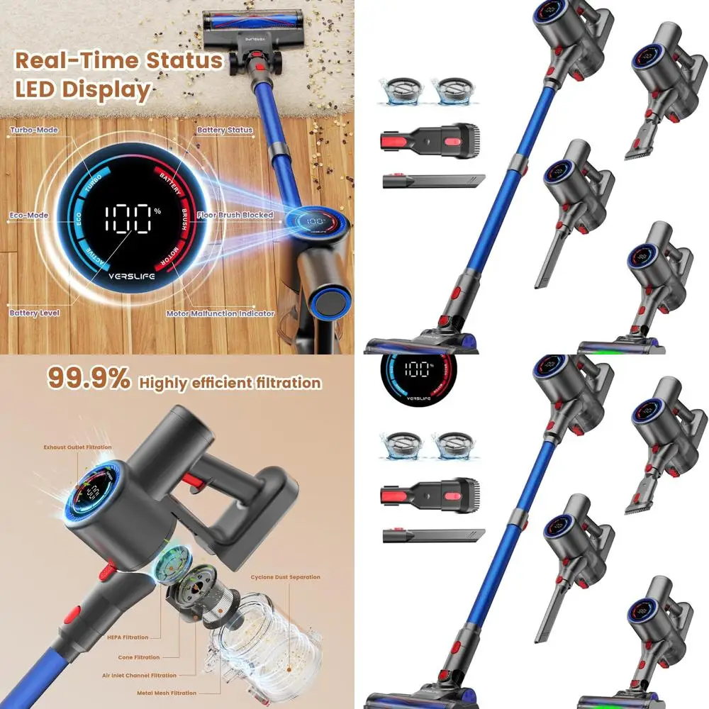 

Cordless 40kPa Suction Vacuum Cleaner, 500W Power, LED Display, Lightweight 6-in-1 Stick Vacuum with Green LED, 6-Stage Filtrati