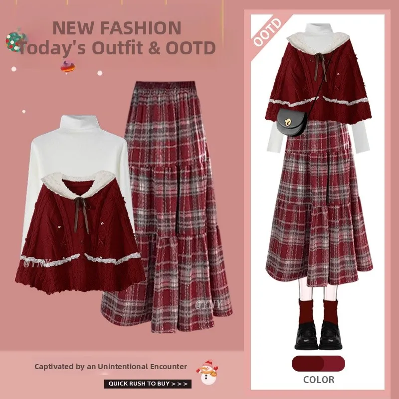 

Осенне-зимний женский модный комплект, большой размер, красный свитер, базовая юбка для похудения, комплект из футболки, повседневная одежда Sli