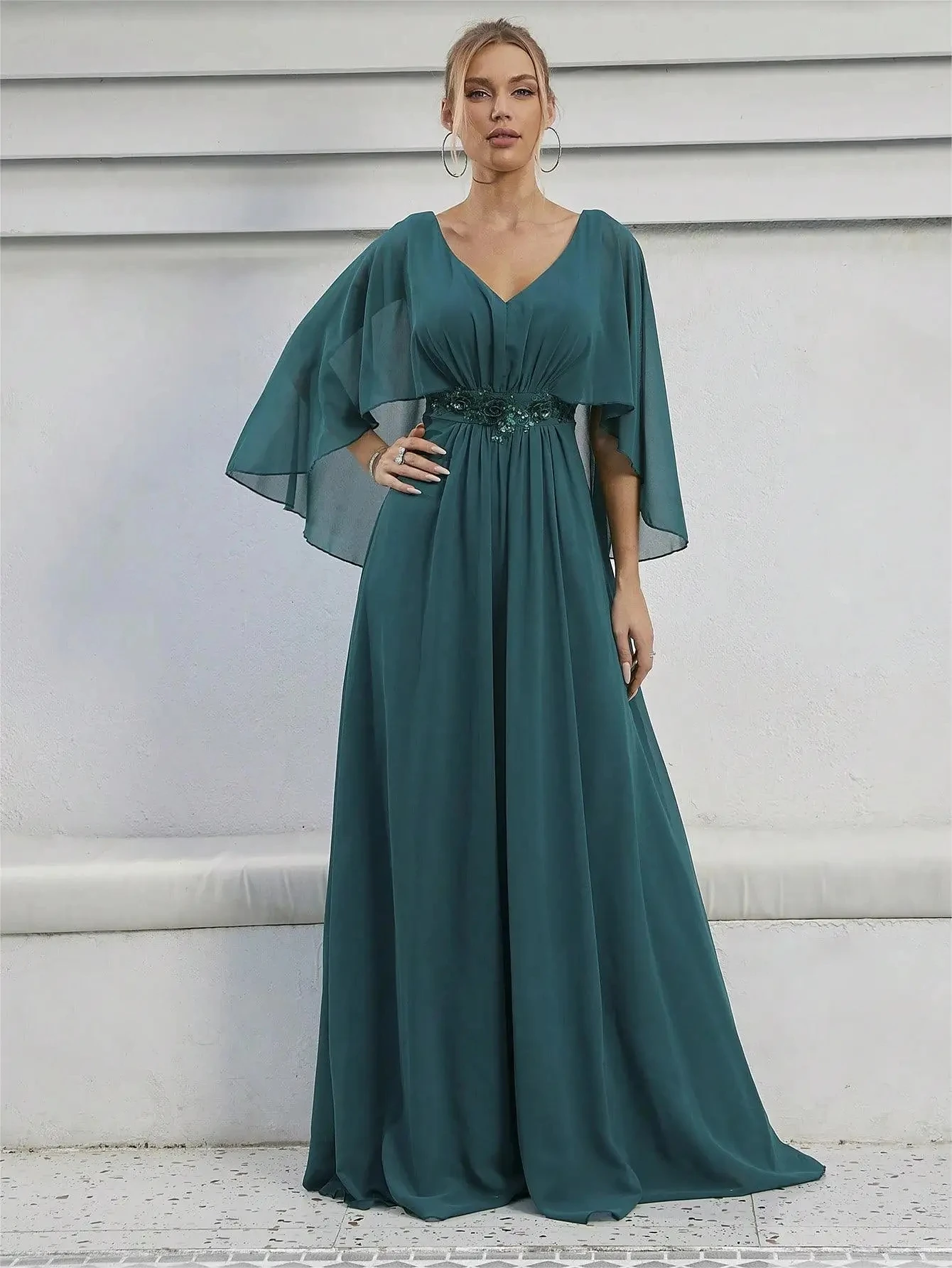 

Chiffon Mother of The Bride Dresses with Cap Sleeve Sequin Lace Formal Dresses V Neck Evening Gown