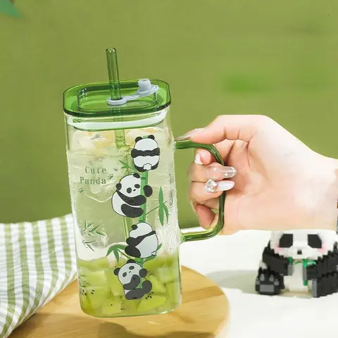 Summer Panda Print Water Cup, High Appearance Straw with Lid, Large Capacity Glass Cup, High Temperature Resistant Water Bottle