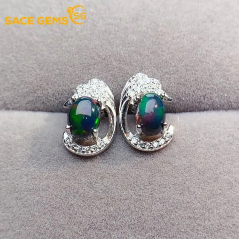 

SACE GEMS Fashion Drop Earrings for Women 925 Sterling Silver 5*7MM Natural Opal Stud Earrings Wedding Party Fine Jewelry Gift