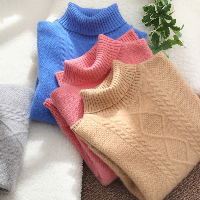 

Boys' high necked woolen sweater long sleeved pullover sweater girls' warm and solid color knitted sweater for autumn and winter