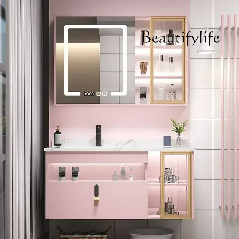 

Modern Cute And Pink Smart Bathroom Cabinet Combination Washstand Light Luxury Net Red Cabinet Bathroom Oak Milk Tea Color