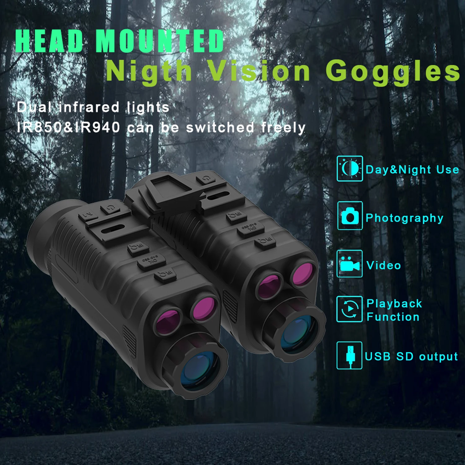 NVGB07 Infrared Night Vision Helmet Thermal Binocular with Dual Infrared Lights Day and Night Use for Hunting