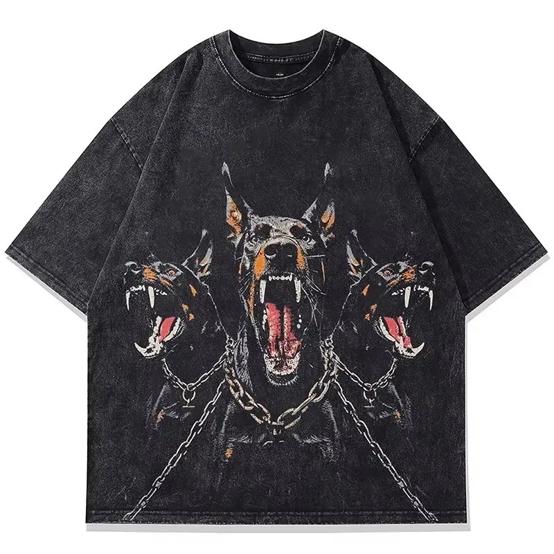 

Summer Men's and Women's Wash T-Shirt Hip Hop Dog Graphic Printed Punk Gothic Streetwear Harajuku Vintage Top