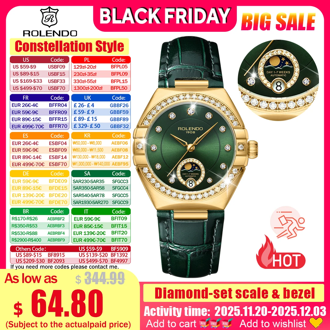 

Автоматические женские часы ROLENDO в стиле созвездия, секретный изумрудный ремешок, зеленый циферблат, день-дата, сапфировое стекло, водонепроницаемые, элегантные