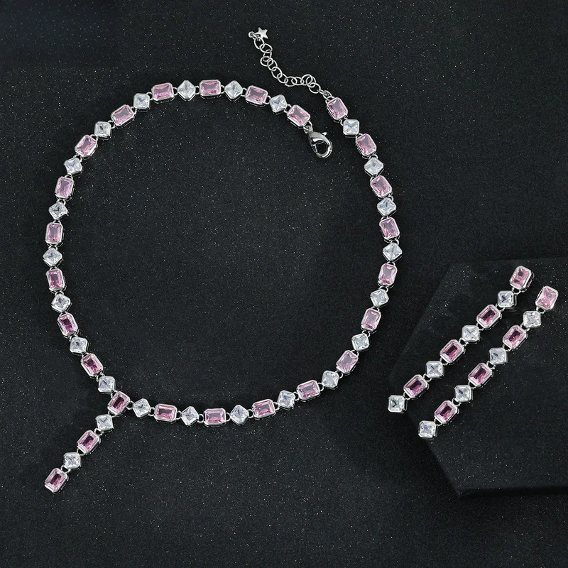 Glam street hip hop men alternating pink clear cushion gem tennis set adjustable necklace bracelet for rapper night dating looks