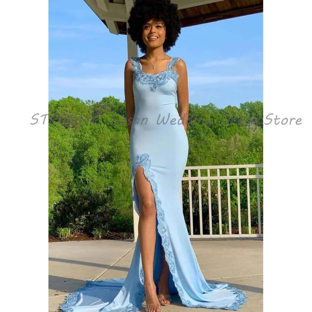 Blue Evening Dresses Women Floor Length High Quality Prom Party Banquet Celebrity Female Sweep Train Vent Sleeveless Gowns