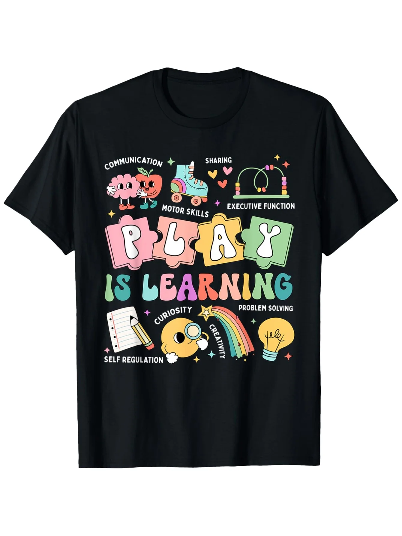 Retro Groovy Play Is Learning T-Shirt - 100% Cotton Regular Fit Short Sleeve Tee with Educational Graphic Design, Vibrant Colors