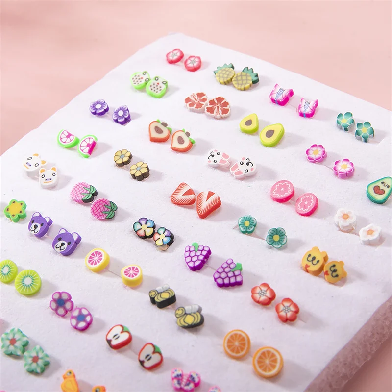 50 paar/satz gemischte Art Ton Ohr stecker Set Frauen Mädchen kleine Plastik tiere Obst Ohrringe Set Schmuck Geschenke
