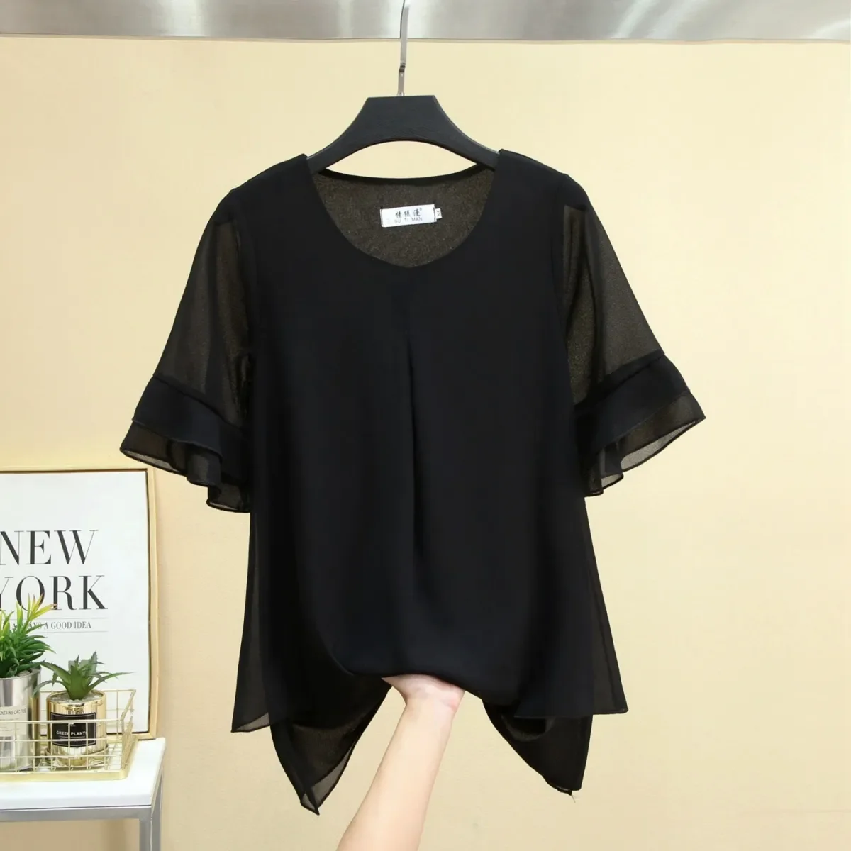 Chemisier fin à manches courtes pour dames, chemise en mousseline de soie, design de niche de style océan, grande taille, printemps, été, nouveau,