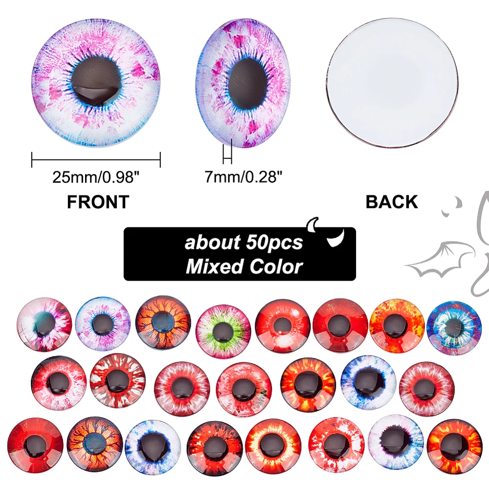 25mm Glass Cabochon Eyes 50pcs Dragon Eyes Tiles Scary Human Pupil Eyes Half Round Gems Glass Cabochons for Sculptures
