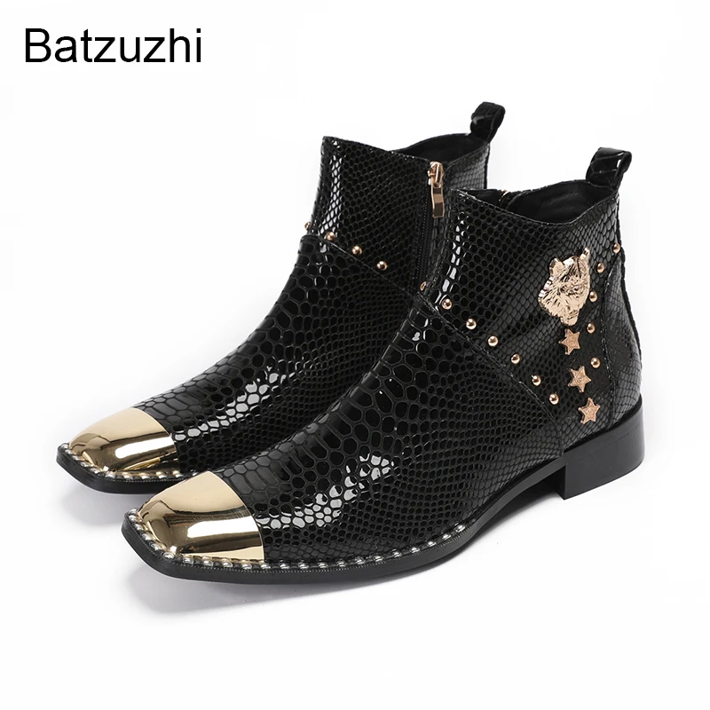 

Batzuzhi Luxury Black Men's Genuine Leather Ankle Boots Pointed Toe Gentleman Party and Wedding Boots Shoes! Big Sizes 38-46