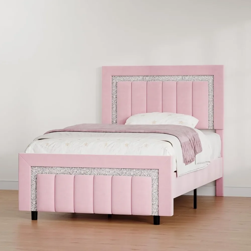 Twin Bed Frames with Headboard, Pink Upholstered Bed Frame with Velvet Vertical Channel Diamond Headboard, Twin Bed Frames