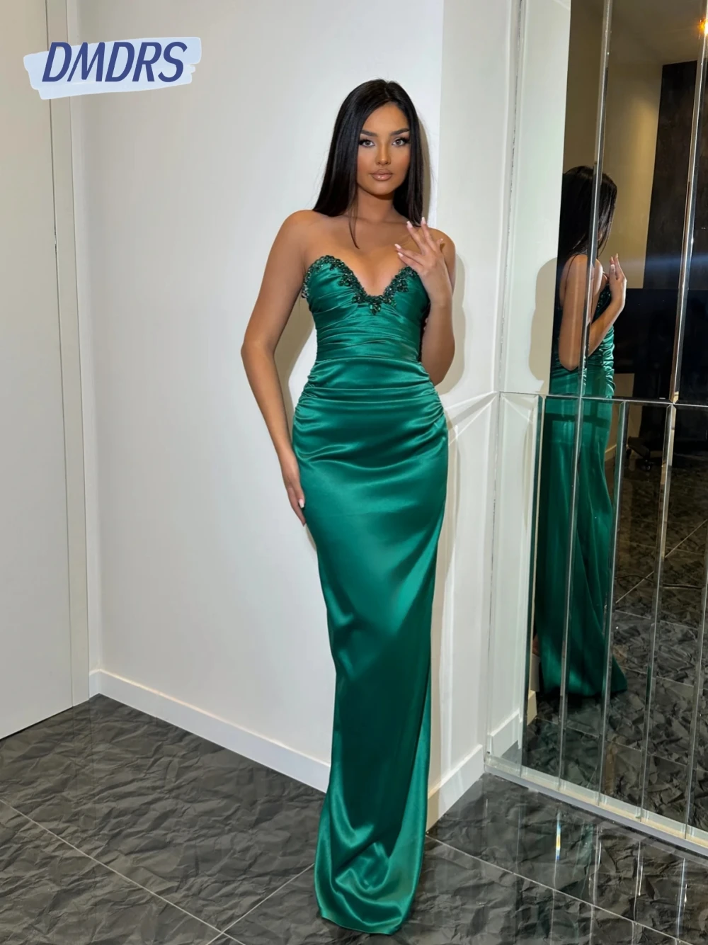 

DMDRS Elegant Sweetheart Neckline Evening Dress Sequined Pleated Straight Cocktail Gown Customized Modern Sleeveless Prom Wear