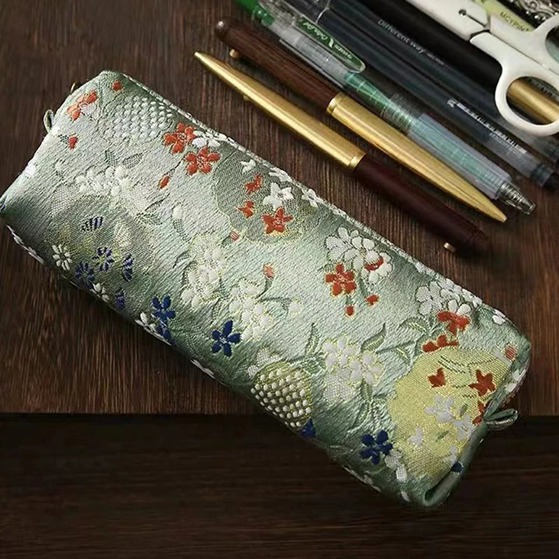 

Винтажный пенал с золотым тиснением и вышивкой, вместительный, для карандашей и косметики, студенческий, для канцелярских принадлежностей