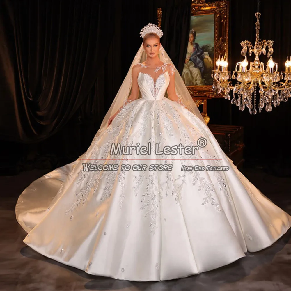 Exquisite Ivory Satin Wedding Dress Plus Size Full Sleeves O Neck Appliques Beaded Princess Ball Gown Robe De Mariee Customized