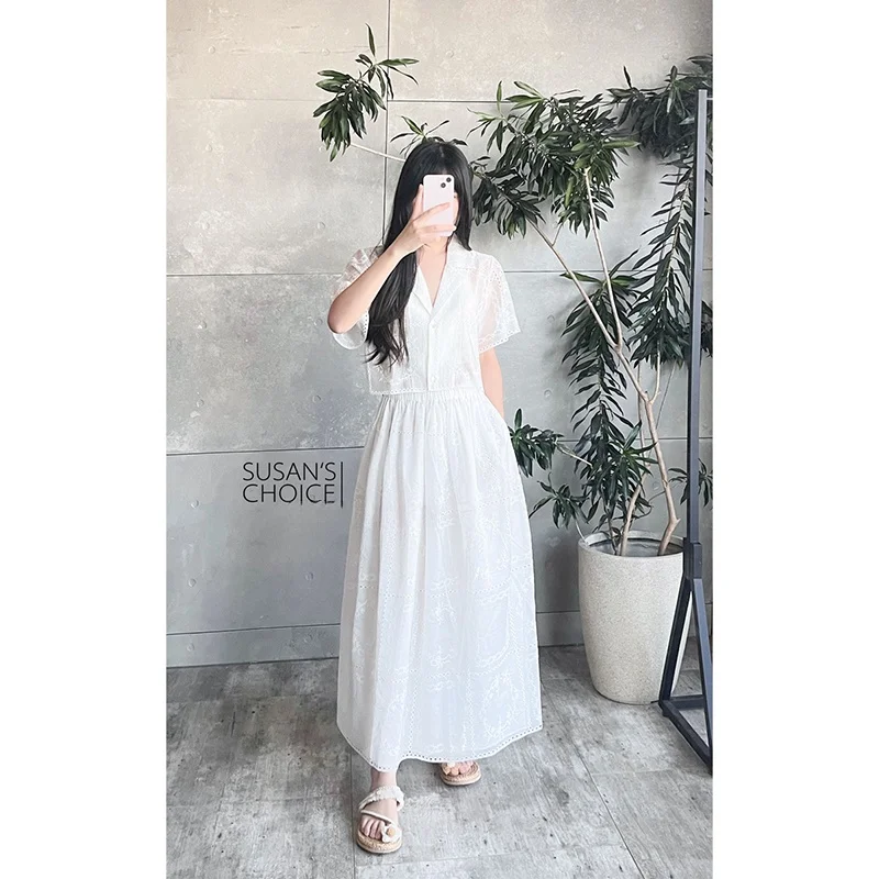 

Susan Faion Bla White Embroidered Hollow out irt Skirt Set Women's Straight Leg Pants Two-Piece Set ort Sve