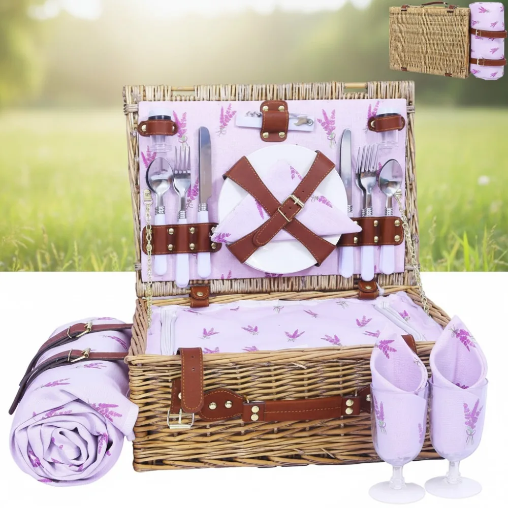 

Large Willow Picnic Basket for 4 with Insulated Cooler & Waterproof Blanket - Outdoor Camping Beach Dates