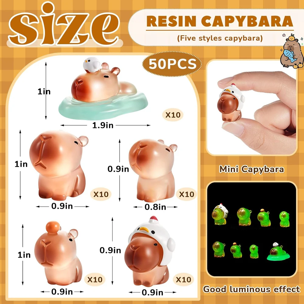 50Pcs Capybara Glow in The Dark Mini Capybara Resin Figurines Luminous Mini Toy Gifts Desktop Tabletop Outdoor Craft Decor