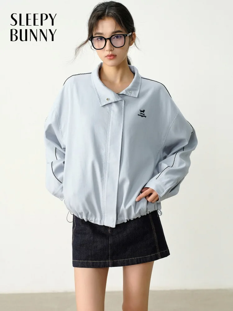 

Casual Loose Sporty Letter Print Stand Collar Jacket Contrast Zip Up Outerwear Lightweight Coat for Petite Women Spring Autumn