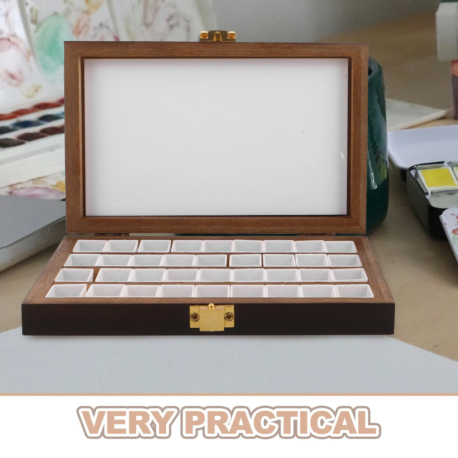 Premium Black Walnut Portable Watercolor Palette Box 36 Half Pans Lock Lid for Travel Plein Air Painting Outdoor