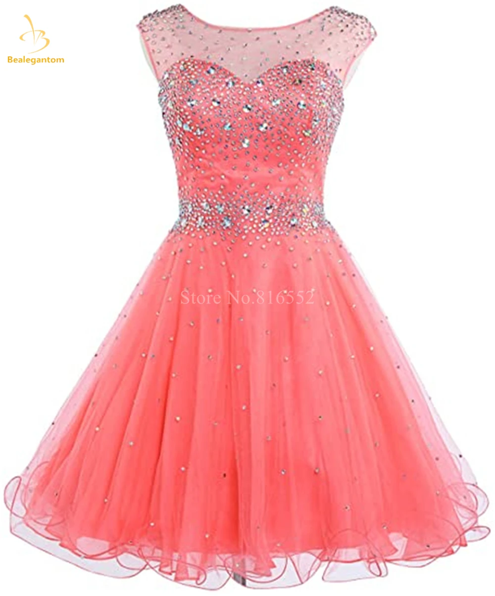 Bealegantom Illusion Scoop 짧은 홈 커밍 드레스 페르시 크리스탈 스팽글 백리스 Graudation 파티 파티 칵테일 가운 QA324