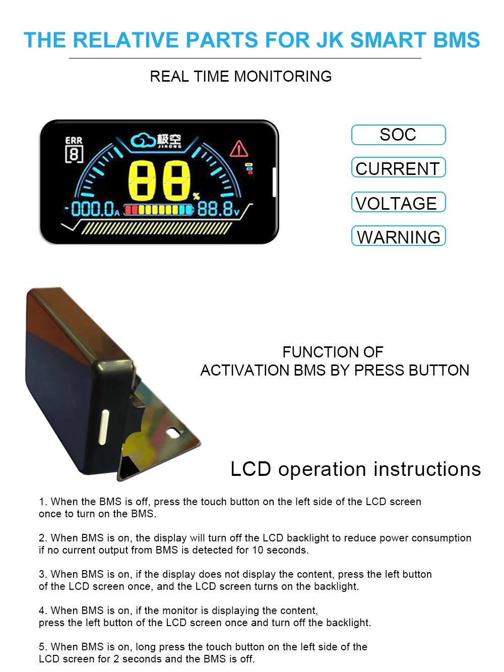 Wyświetlacz LCD JKBMS Smart BMS 2.3 Cal bateria litowa inteligentne akcesoria inteligentny akumulator monitora wskaźnik poziomu JK Bms