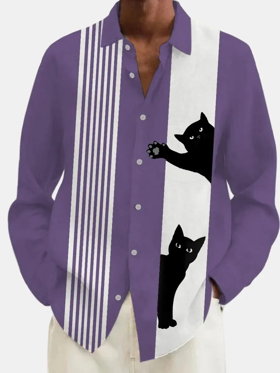 2024 Men\'s Kitten Stripe Print Long Sleeve Shirt Fashion Design Luxury Long Sleeve Tops Men\'s Four Seasons Button Lapel Shirt