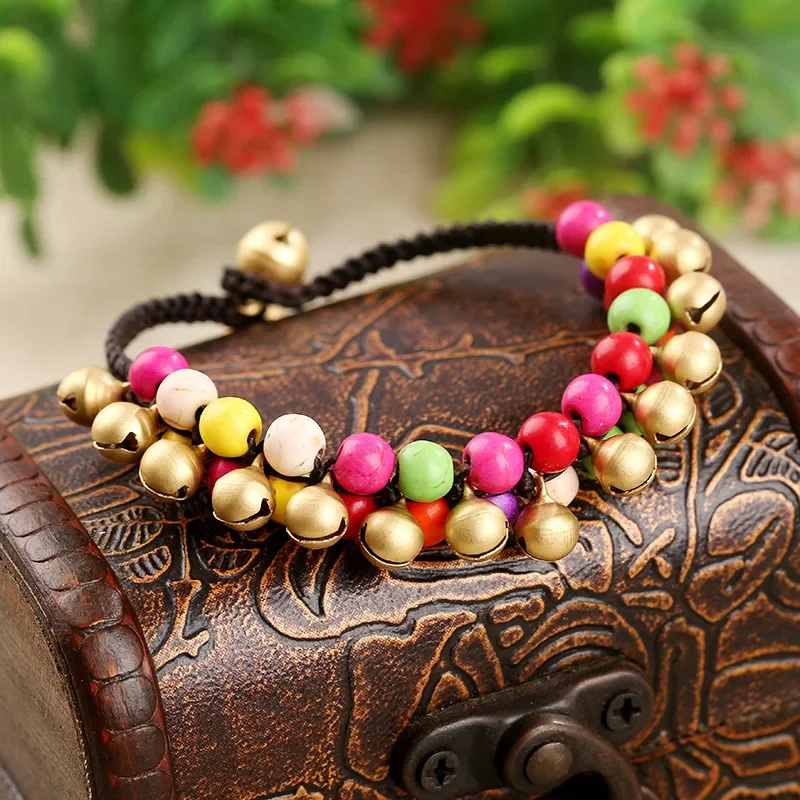 Bohemian Ethnic Style Semi-precious Stone Bell Retro Female Bracelet Wax Rope Hand-woven Beach Style Creative Female Bangle