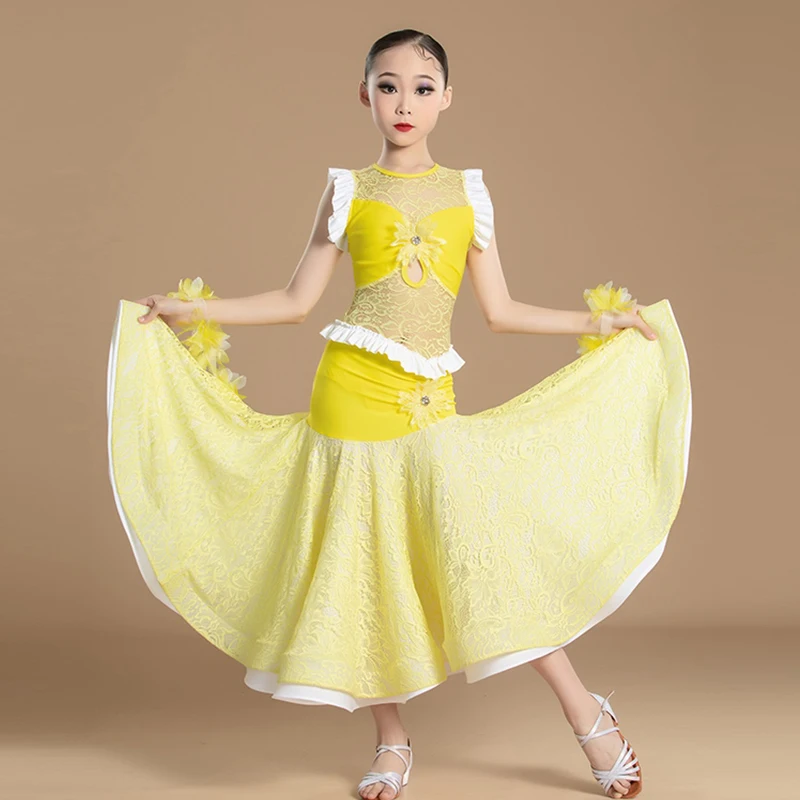 Standard Ballroom Dance Dress Yellow Waltz Competition Girl Sleeveless Long Dresses For Modern Dance Performance Summer VDL263