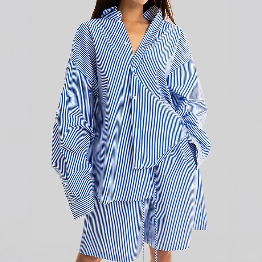 

Hiloc Casual Blue Stripes Woman Summer Pajama Set Simple Style Long Sleeve Single-Breasted Lapel Top Suit Lace-Up Pockets Shorts
