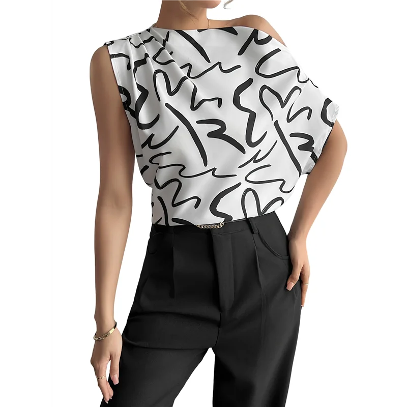 

AG-Women's Printed Asymmetrical Neck Blouse Ruched Elegant Office Work Shirt Top