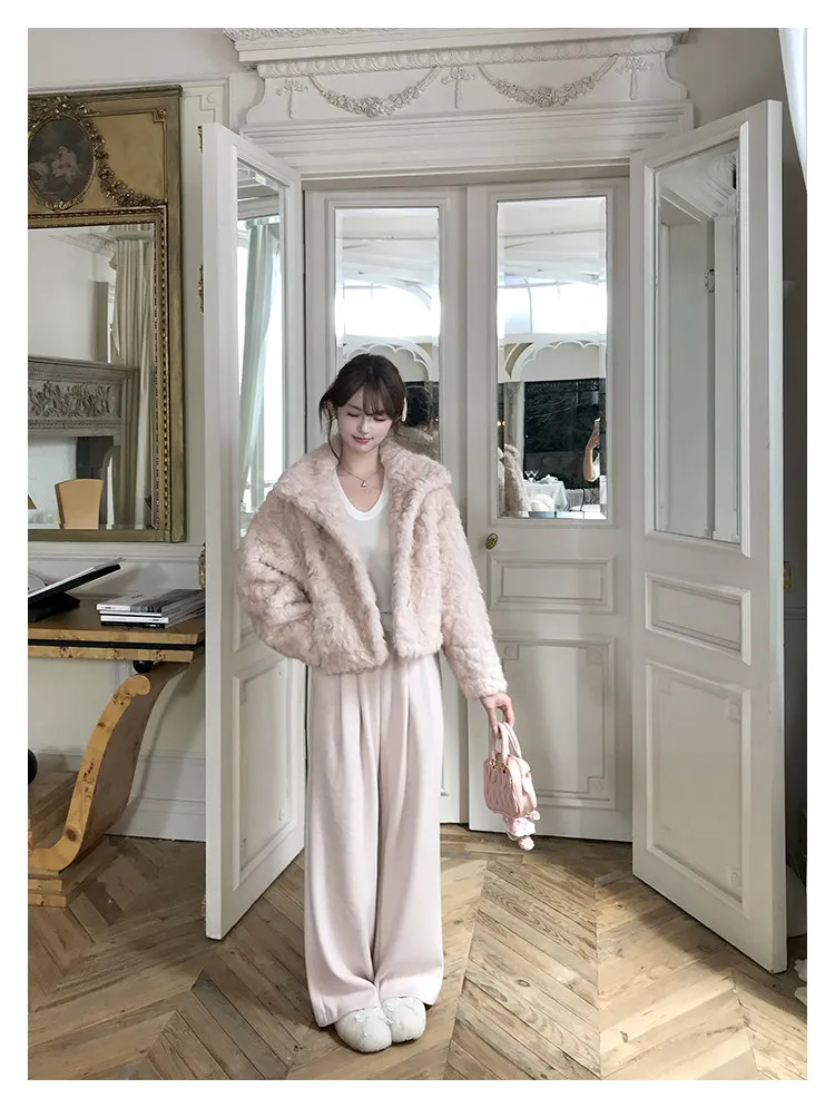 Korean Stand Collar Plush Jacket for Women Winter Thick Fluffy Cropped Faux Fur Coat Woman Loose Sweet Single Breasted Outerwear