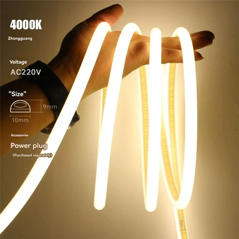 Outdoor 220V COB Flexible Light Strip 10M Super Bright LED Self-Adhesive Linear Light 240 Lights Per Meter EU Plug