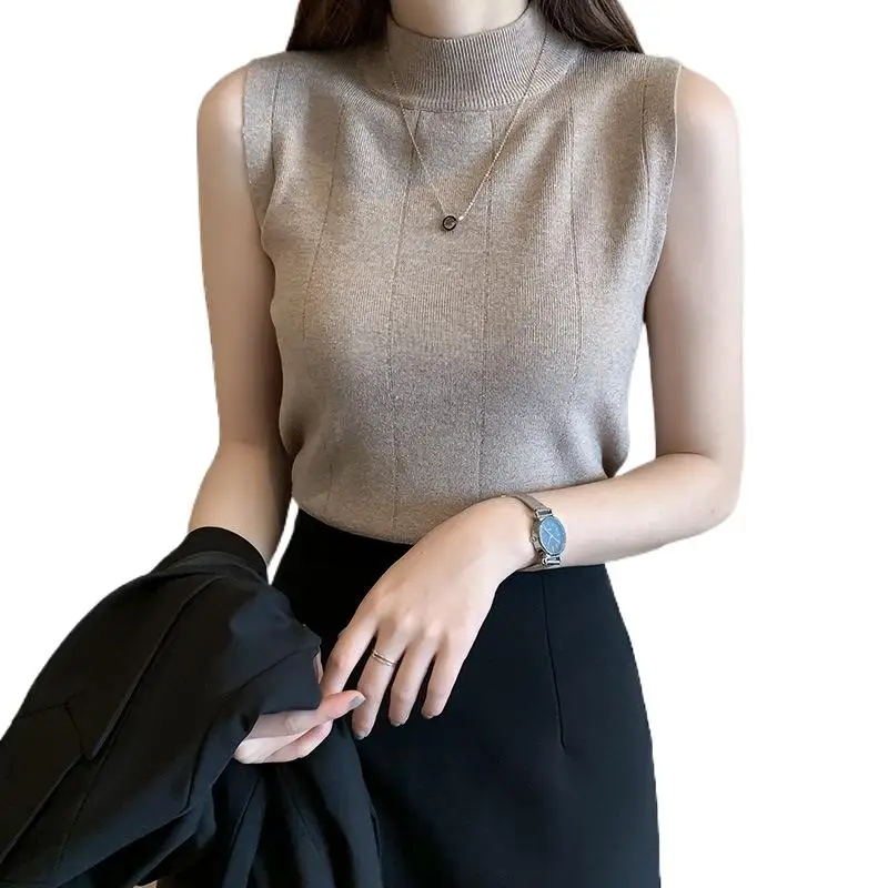 

Summer New Pullover round Neck Sleeveless Knitwear Ice Silk Vest Versatile Korean Style Solid Color KnittedTShirt Top