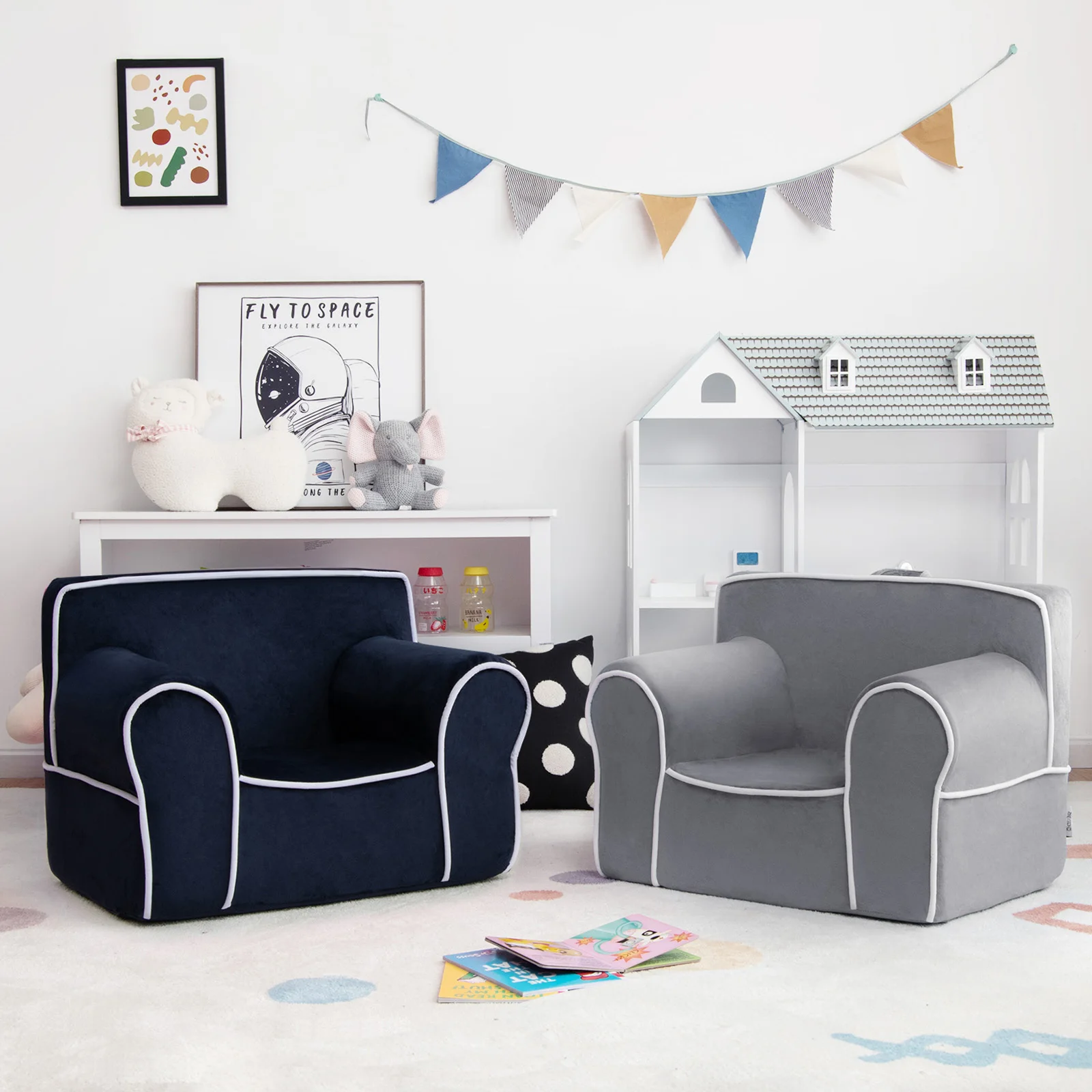 Fauteuil rempli de mousse pour enfants, canapé pour tout-petits, tissu velours, cadeau bébé, bleu marine