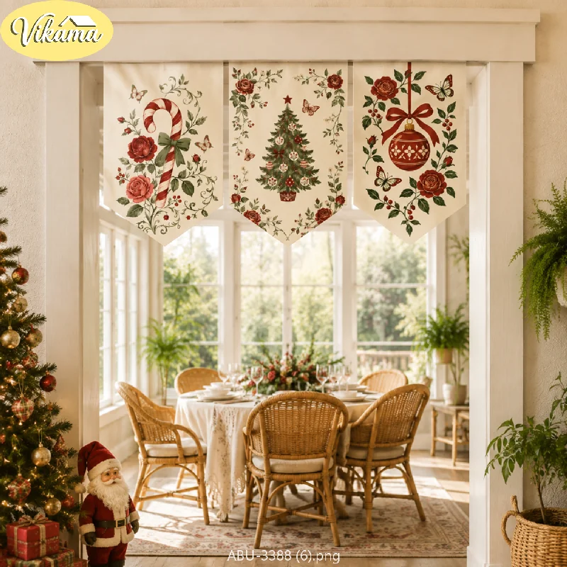 VIKAMA French Vintage Red Rose Christmas Triangular Bunting, Triangular Bunting for Entryway and Foyer, Festive Wall Decor