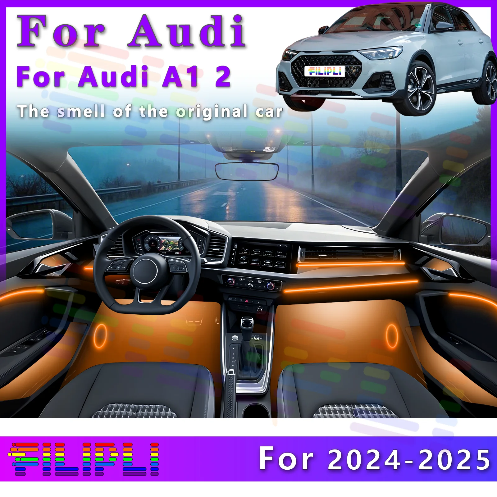 

For Audi A1 2024-2025 Car Interior RGB LED Atmosphere Light Strip Fiber Optic Neon Invisible Ambient Lamp APP Decoration Trim