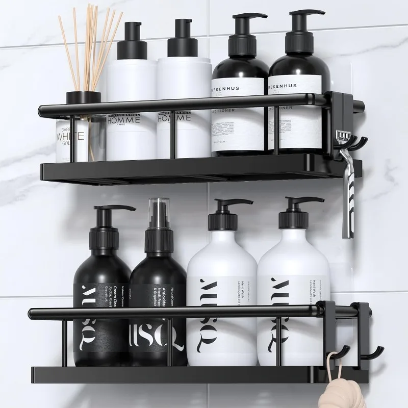 

No Drill Bathroom Shower Organizers, with Removable Hooks, Rust Proof Shelves, Wall-Mounted Holder, Black, 2 Pack